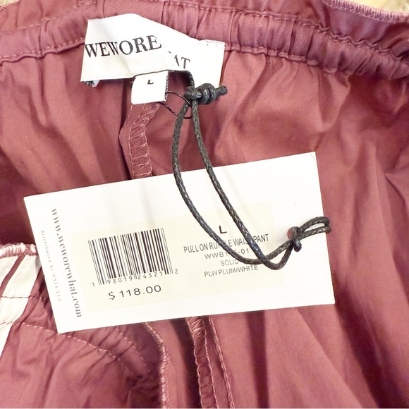 NWT WeWoreWhat Pull On Ruffle Waist Pant in Plum & White, Size Large - Picture 8 of 10